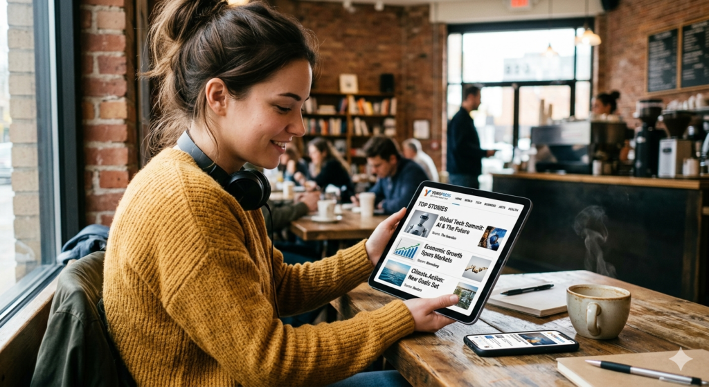 A young woman smiling while reading news on a tablet with the Yonopress clean interface layout, sitting at a wooden table in a cozy cafe with a smartphone and coffee nearby.