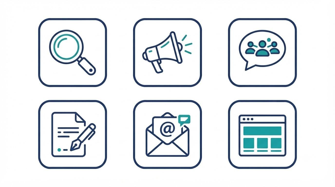 Icons representing core digital marketing services: SEO, PPC, social, content, email, web design