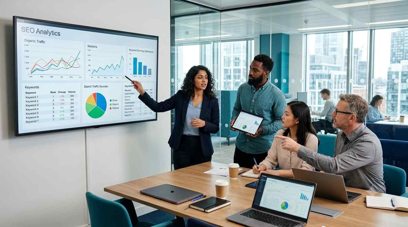SEO marketing service team analyzing keyword rankings and traffic dashboard