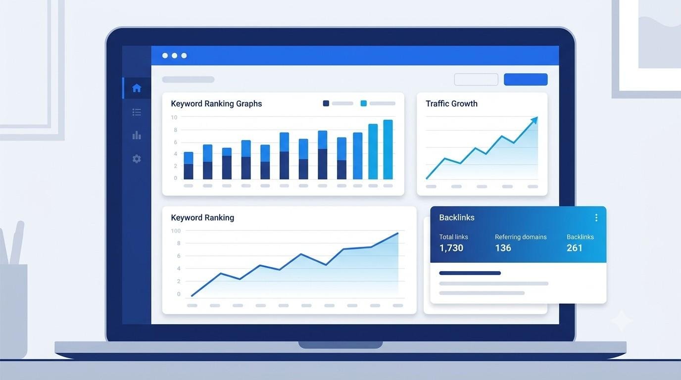 SEO report PDF dashboard overview showing keyword rankings, traffic, and backlinks