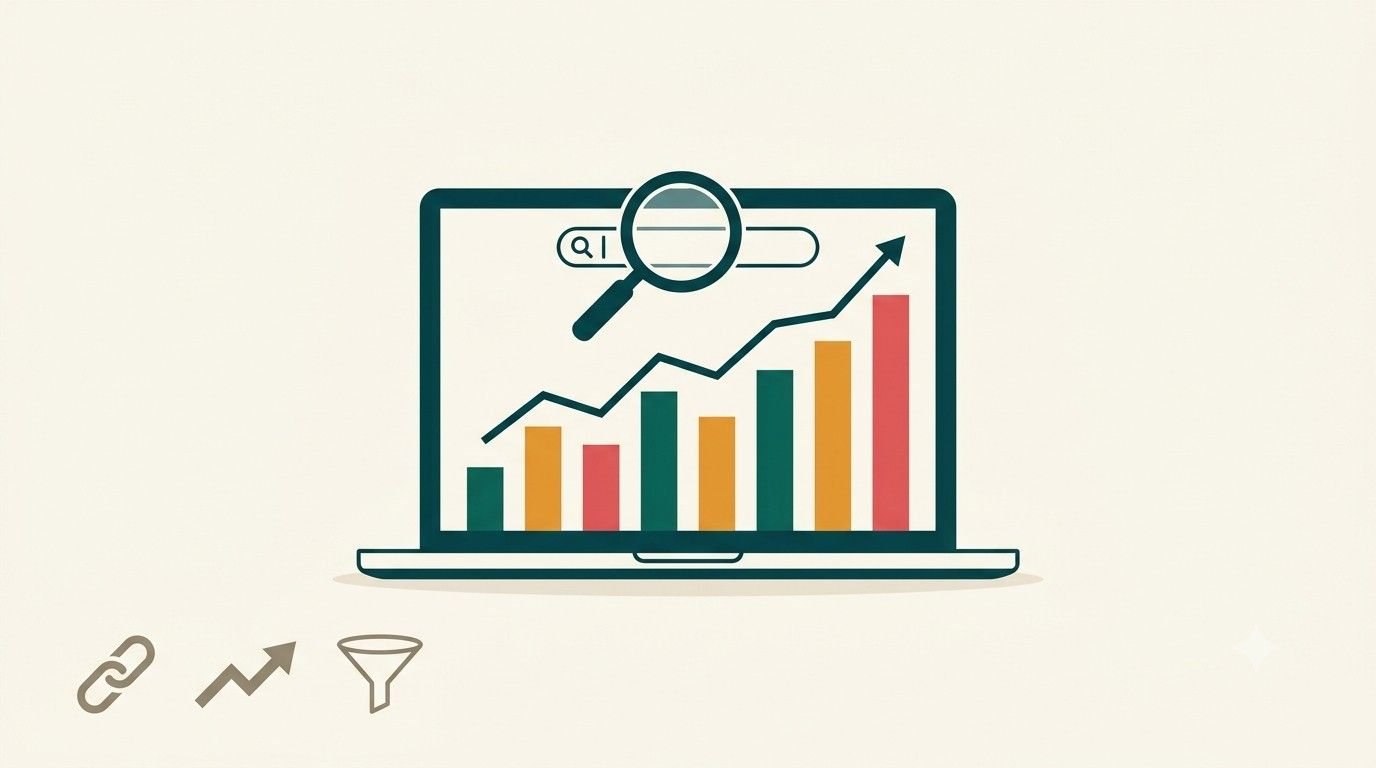 Flat-style illustration of SEO performance measurement showing analytics graphs, keyword ranking bars, and a magnifying glass over a search bar